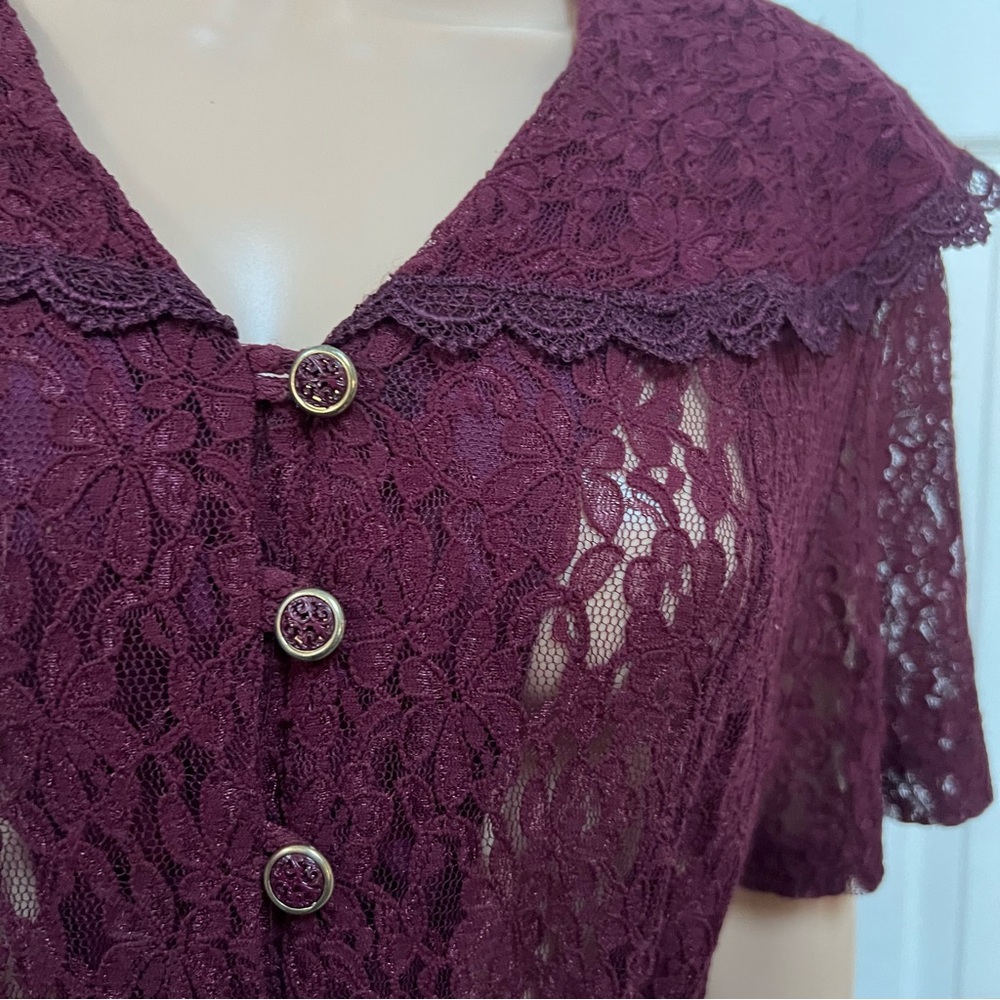 VTG Burgundy Lace Button-Down Long Dress Size L Short Sleeve - Picture 16 of 16